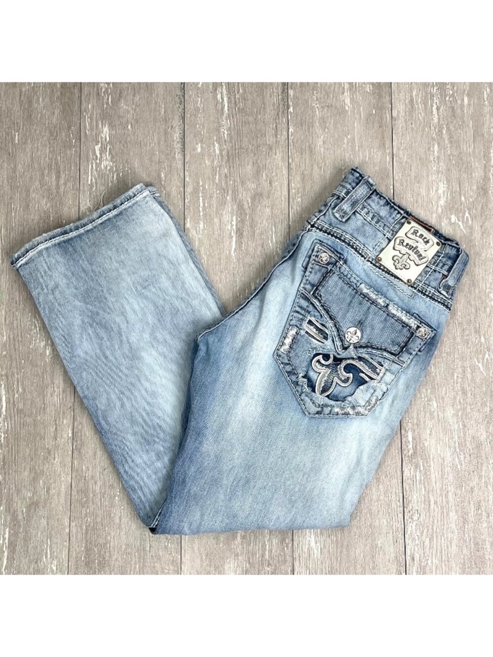 Rock Revival Mens Distressed Embellished Canis Boot Cut Jeans Size 34